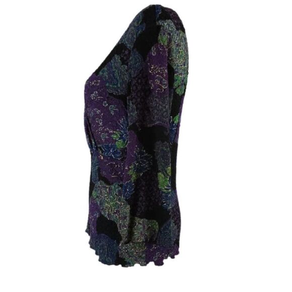 West End Black Blouse Multicolor Floral Scalloped Edges Metallic Size Medium - Picture 2 of 9